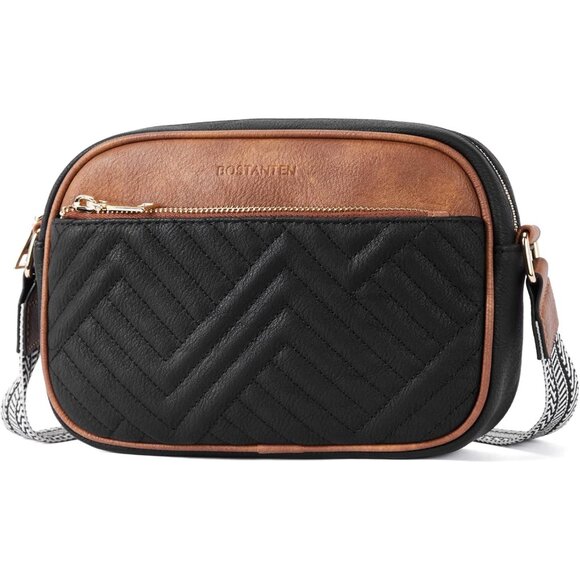 Bostanten Women Black Brown PU leather Quilted Crossbody Bags With Wide Strap - Picture 7 of 7